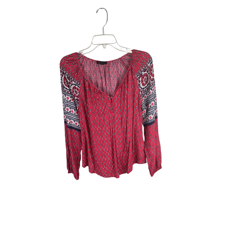 Lucky Brand Womens Red Mixed Floral Print Peasant Blouse Long Sleeve Y2K Medium